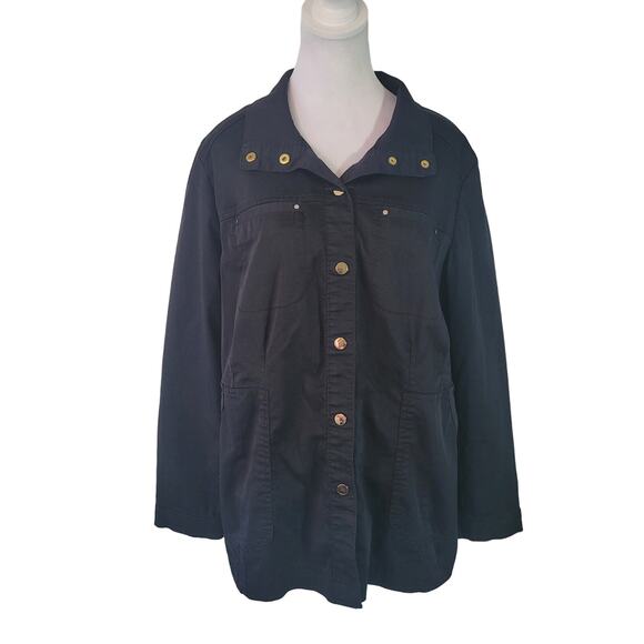 Chico's Size 2 US 12/14 Luxe Twill Utility Jacket Black Gold Minimalist Casual - Picture 1 of 9